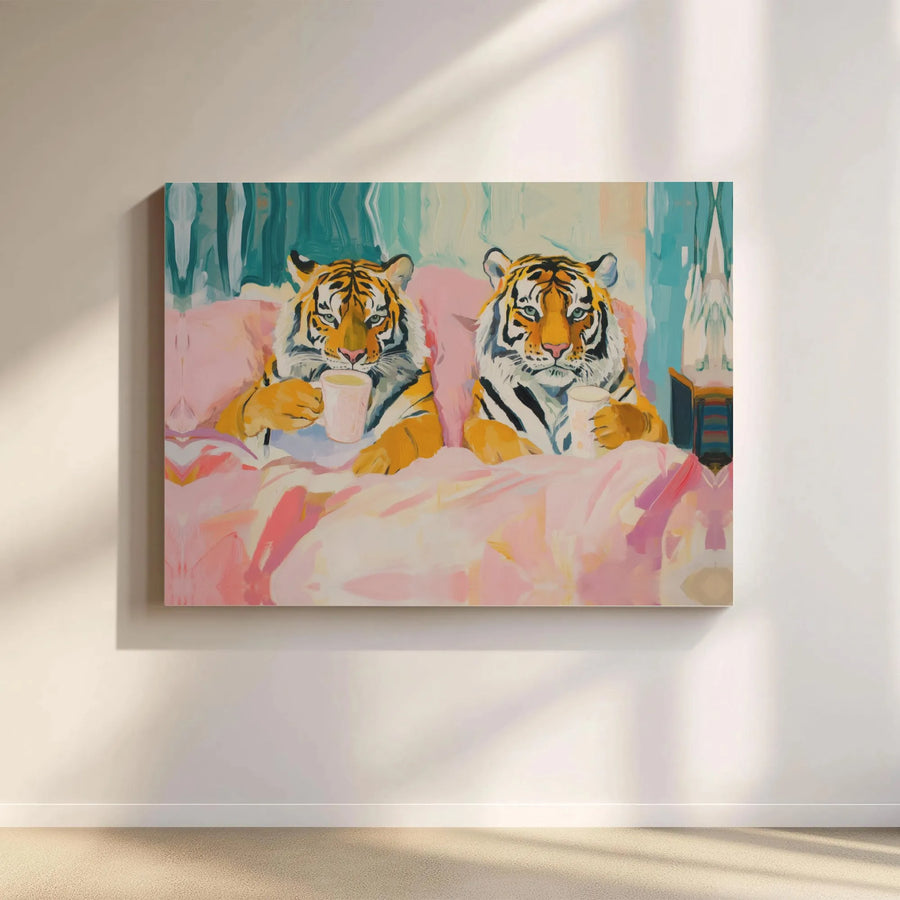 Tiger Coffee Wall Art | Whimsical Tigers in Bed Oil Painting Print | Gallery Wrapped Canvas | Unique Maximalist Home Decor Gift
