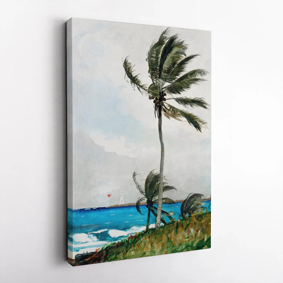 Beach Landscape Canvas Wall Art | Watercolor Palm Trees & Lighthouse Scene | Premium 1.25-Inch Gallery Wrap | Coastal Decor Gift for Home & Office