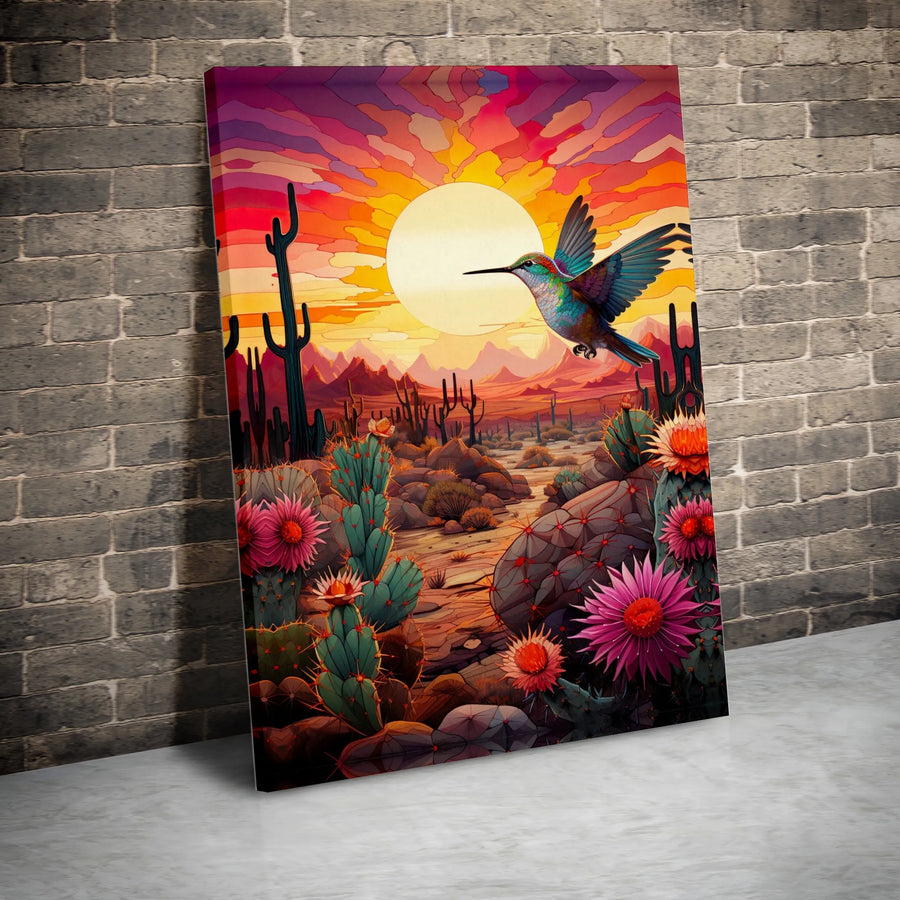Hummingbird Desert Sunset Canvas Wall Art | Vibrant Cactus Flowers Print | 1.25-Inch Gallery Wrap | Southwestern Home Decor Gift