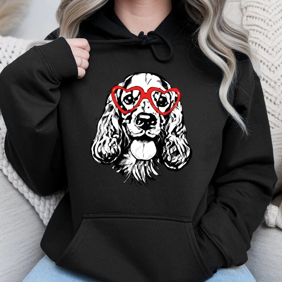 Cocker Spaniel Hoodie | Heart Glasses Dog Lover Gift | Premium Cotton Blend | Valentine’s Day Apparel For Women And Men