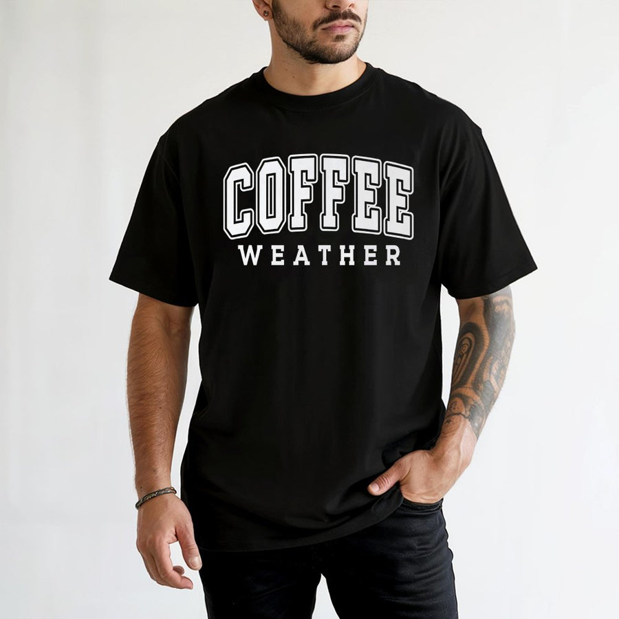 Coffee Weather T-Shirt | Varsity Lettering Graphic Tee | 100% Cotton Premium Quality | Cozy Fall Outfit Gift for Coffee Lovers