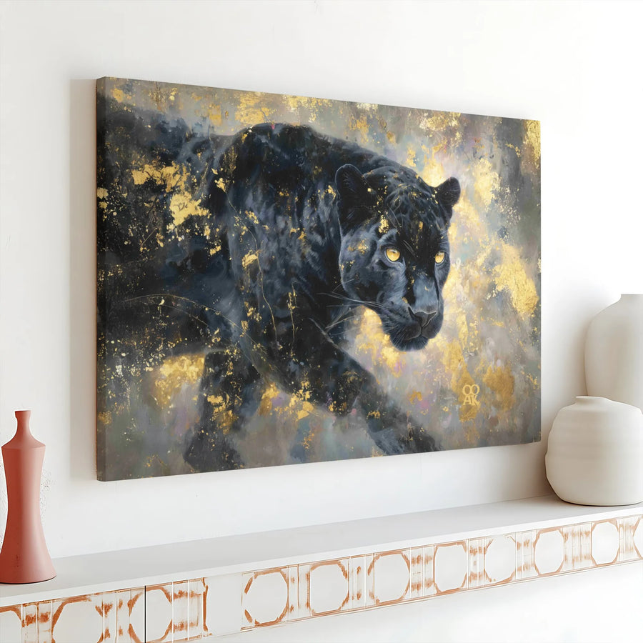 Black Panther Canvas Wall Art | Luxury Gold Accent Painting | Premium Gallery Wrapped Canvas | Modern Wildlife Wall Decor Gift