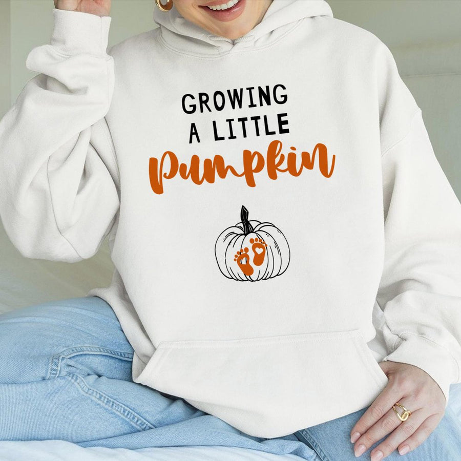 Growing A Little Pumpkin Hoodie | Cute Baby Feet Pregnancy Announcement Graphic | Premium Cotton Blend | Fall Maternity Thanksgiving Gift