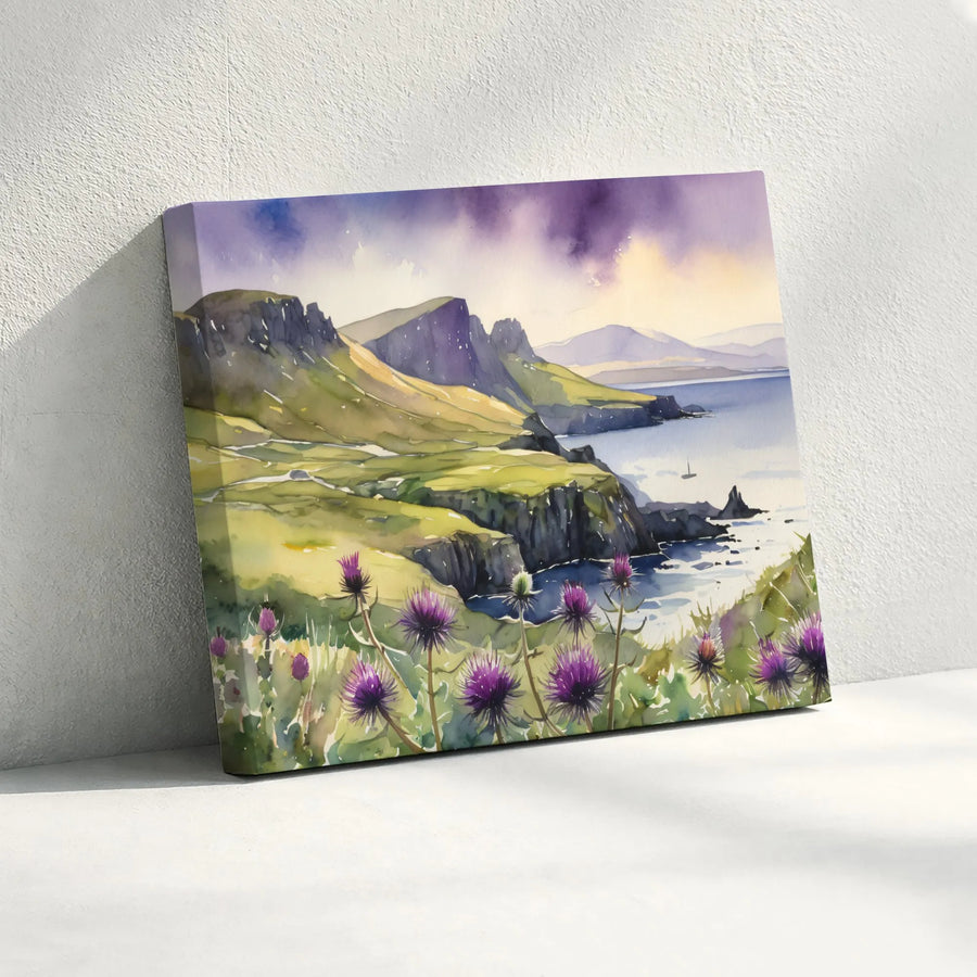 Scottish Highland Canvas Art | Watercolor Coastal Landscape with Thistles | Premium Gallery Quality Print | Living Room Wall Decor