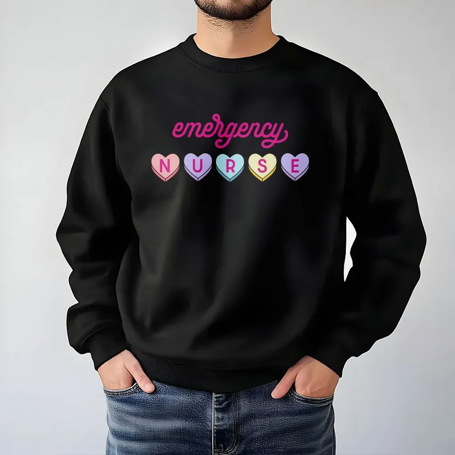 Emergency Nurse Sweatshirt | Valentine Candy Heart Design | Premium Cotton Blend | Cute ER Nursing School Graduation Gift for Her