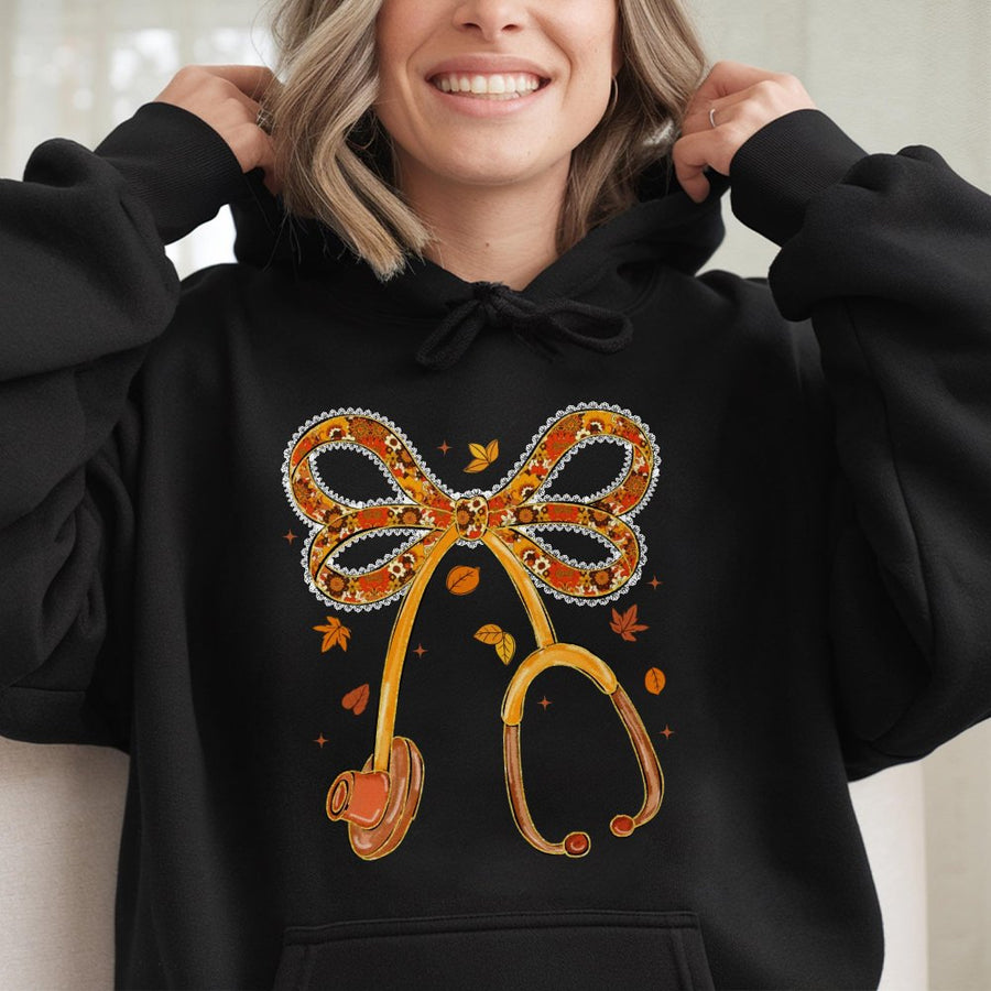 Nurse Fall Hoodie | Stethoscope Bow Autumn Floral Graphic | Cotton-Blend Premium Comfort | Thanksgiving Gift For RN Nurses and Nursing Students