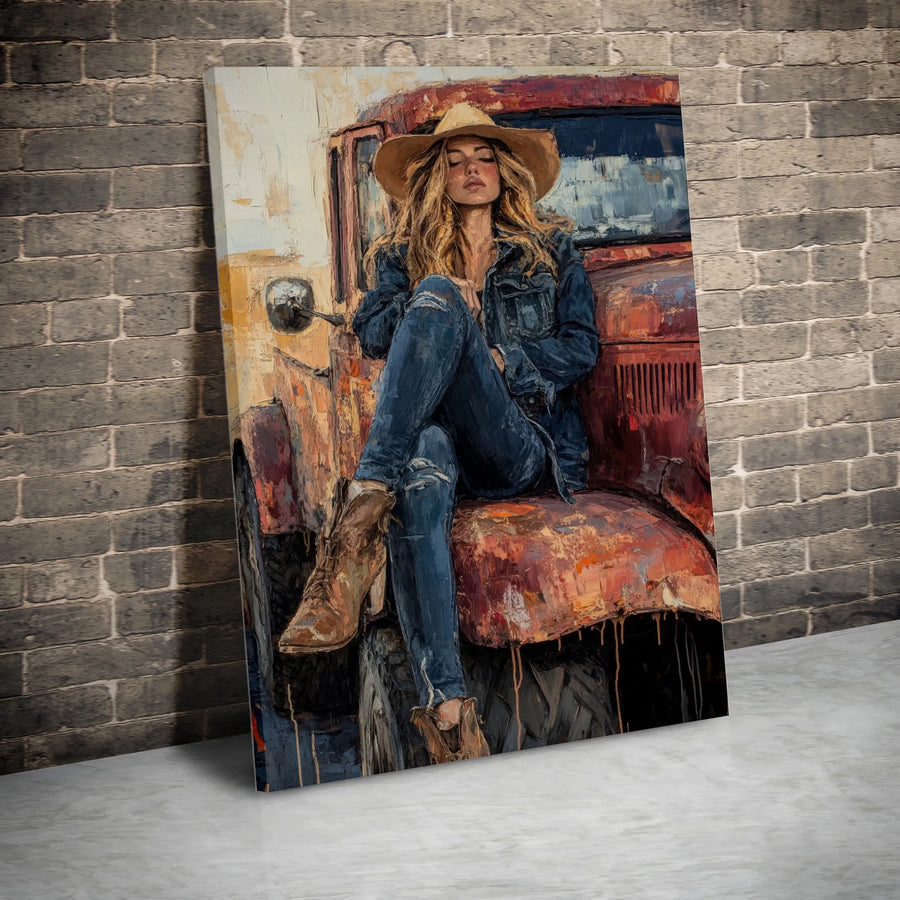 Western Cowgirl Canvas Wall Art | Textured Painting Print of Woman on Vintage Truck | Premium Frameless Gallery Wrap | Rustic Farmhouse Decor Gift