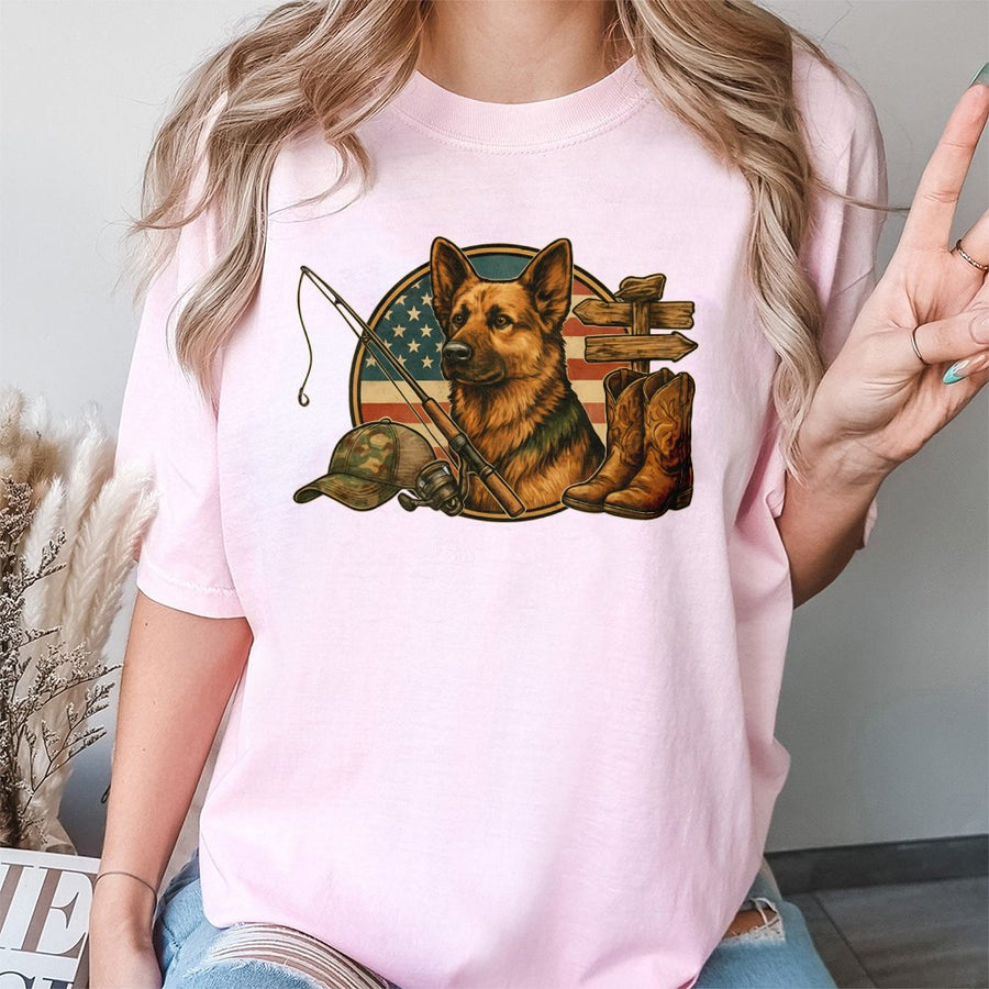 German Shepherd T-Shirt | Patriotic American Flag Fishing Graphic | 100% Cotton Premium Tee | Outdoor Country Life Gift for Dog Lovers