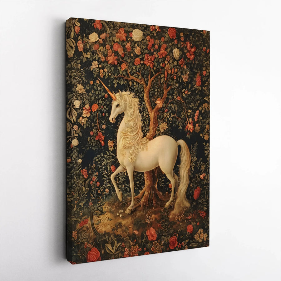 Unicorn Canvas Wall Art | Medieval Floral Tapestry Style Print | Premium Gallery Wrap Decor | Fantasy Home Office Gift