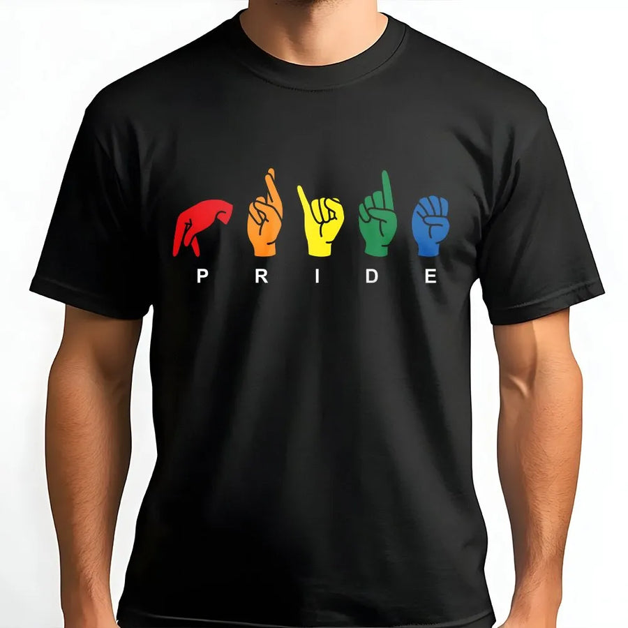 Pride Sign Language T-Shirt | Rainbow ASL Fingerspelling Graphic | Soft Cotton Blend | LGBTQ Ally Gift for Pride Month