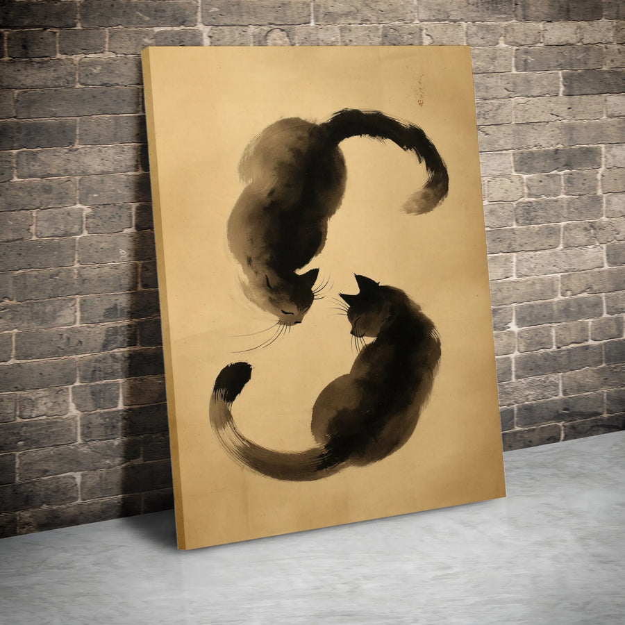 Japanese Yin Yang Cat Canvas | Sumi-E Ink Wash Style Wall Art | Premium Fade-Resistant Gallery Wrap | Zen Home Decor Gift for Cat Lovers