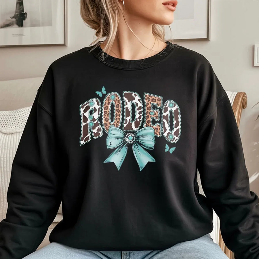Western Rodeo Sweatshirt | Coquette Bow with Cowhide & Leopard Print | Premium Cotton Tee | Gift for Country Girl