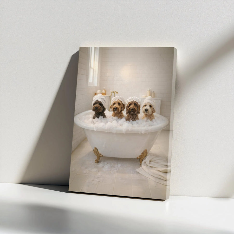 Funny Dog Wall Art Canvas | Cute Puppies in Bathtub Spa Day Print | Premium Gallery Wrap Canvas | Humorous Bathroom Decor Gift for Dog Lovers