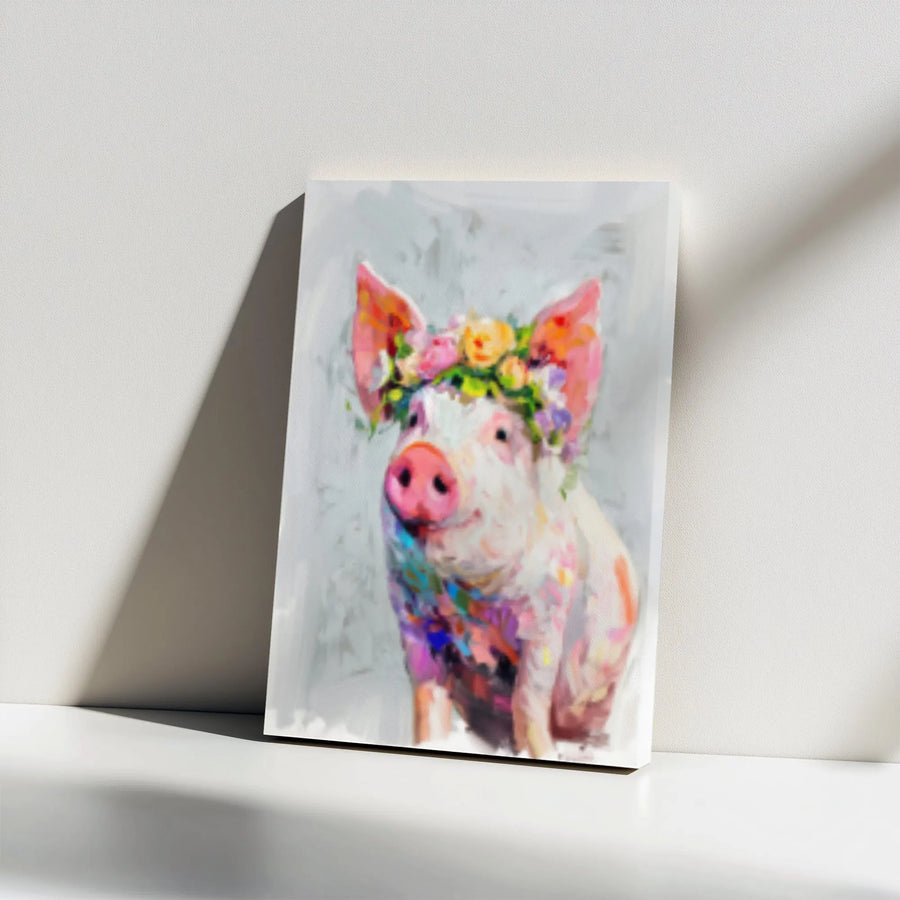 Colorful Pig Canvas Wall Art | Smiling Piglet with Flower Crown Painting | Premium Gallery Wrap 1.25 Inch | Farmhouse Decor for Animal Lovers