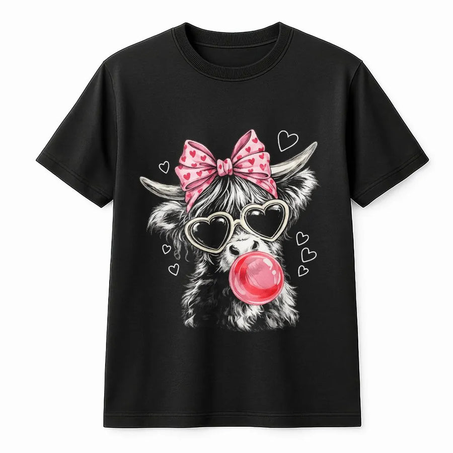 Highland Cow Graphic T-Shirt | Bubblegum Heart Glasses Design | Premium 100% Cotton | Cute Valentine's Day Gift for Animal Lovers