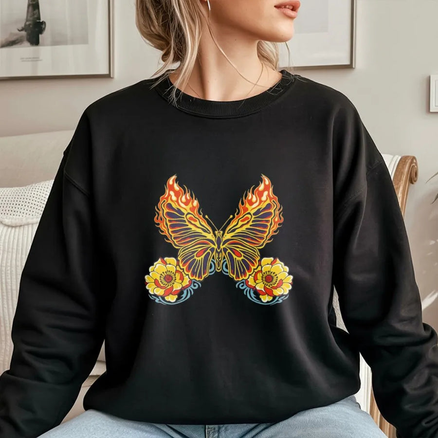 Flaming Butterfly Sweatshirt | Neo-Traditional Tattoo Art Graphic | Premium Cotton Blend | Artistic Unisex Gift for Men and Women