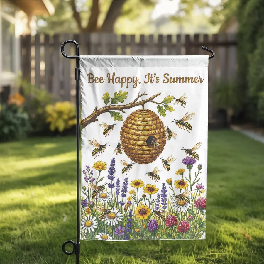 Bee Happy Summer Garden Flag | Vintage Wildflower & Beehive Illustration | Double Sided Weather Resistant Fabric | Premium Outdoor Yard Decor