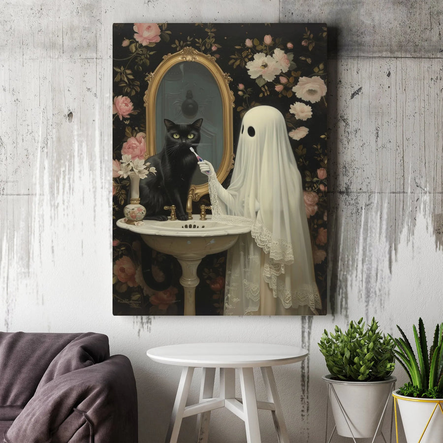 Ghost Brushing Cat Teeth Canvas Wall Art | Whimsical Spooky Bathroom Decor | Premium Fade-Resistant Gallery Wrap | Unique Gothic Gift