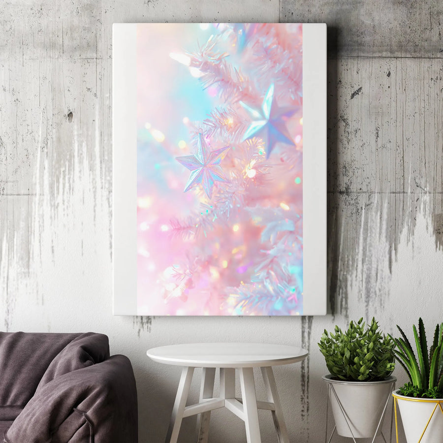 Pastel Christmas Canvas Wall Art | Iridescent Star Ornament Print | Premium Gallery Wrapped Canvas | Dreamy Holiday Home Decor Gift