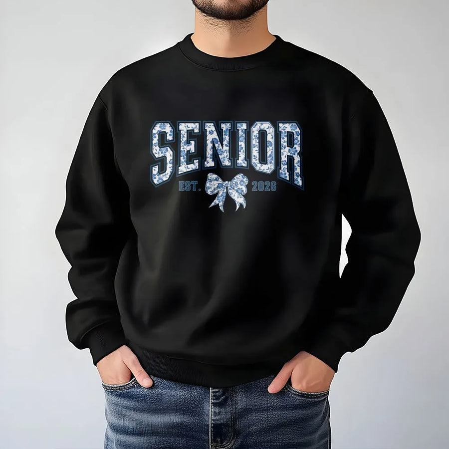 Senior 2026 Sweatshirt | Coquette Blue Floral Bow Design | Premium Cotton Blend | Graduation Gift for High School and College Students