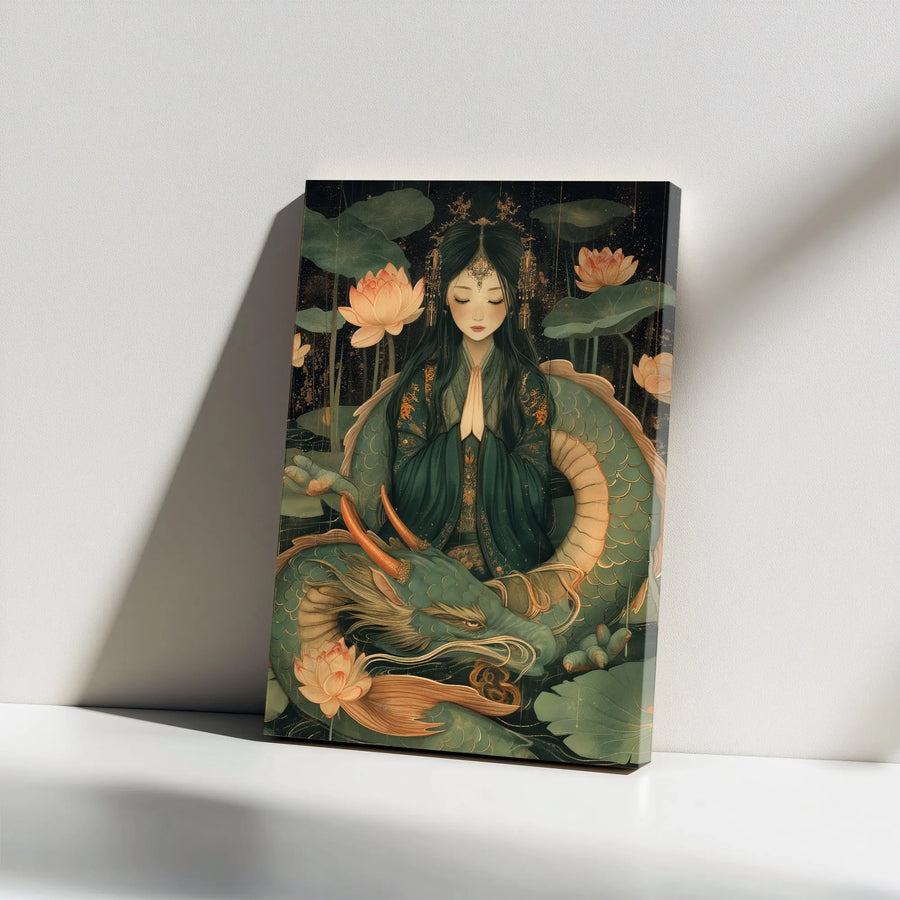 Dragon and Goddess Canvas Art | Mythical Asian Dragon & Lotus Flower Print | Premium Gallery-Style Canvas | Zen Meditation & Yoga Room Decor