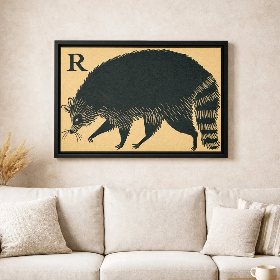 Raccoon Wall Art Canvas | Vintage Alphabet Letter R Illustration | Premium Gallery Wrapped Print | Modern Nursery or Office Decor