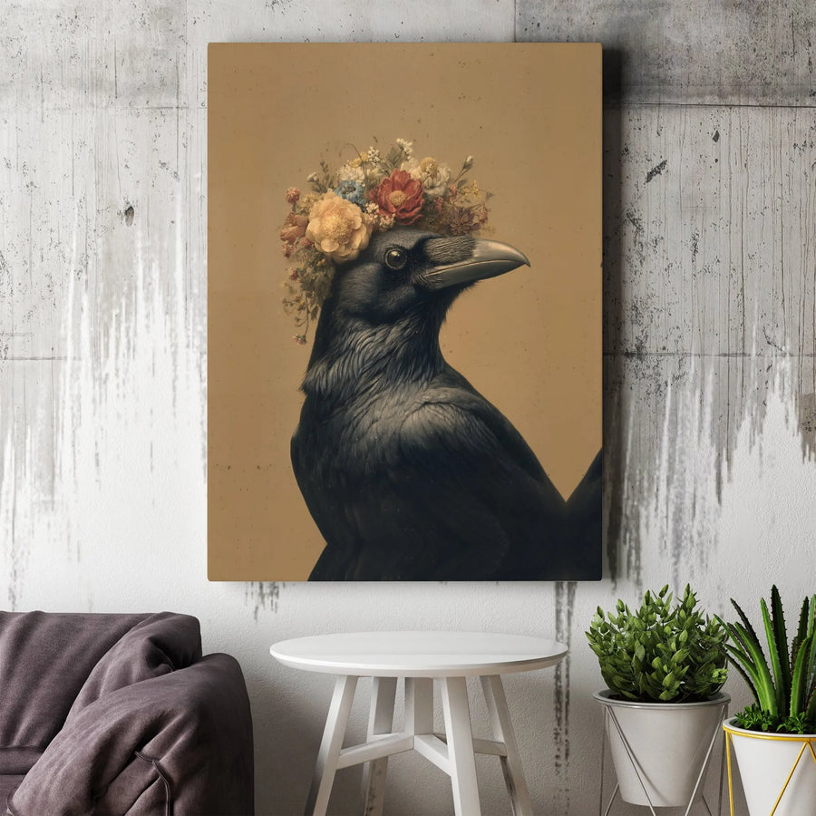 Raven Wall Art Canvas | Vintage Crow Portrait with Floral Crown | Premium Gallery Wrap Print | Dark Academia Home Decor