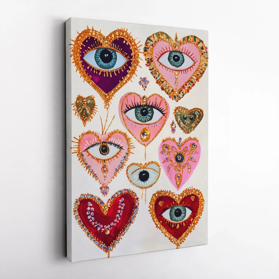 Evil Eye Heart Wall Art | Ornate Jeweled Bohemian Decor | Premium Fade-Resistant Canvas | Boho Aesthetic Gift for Her