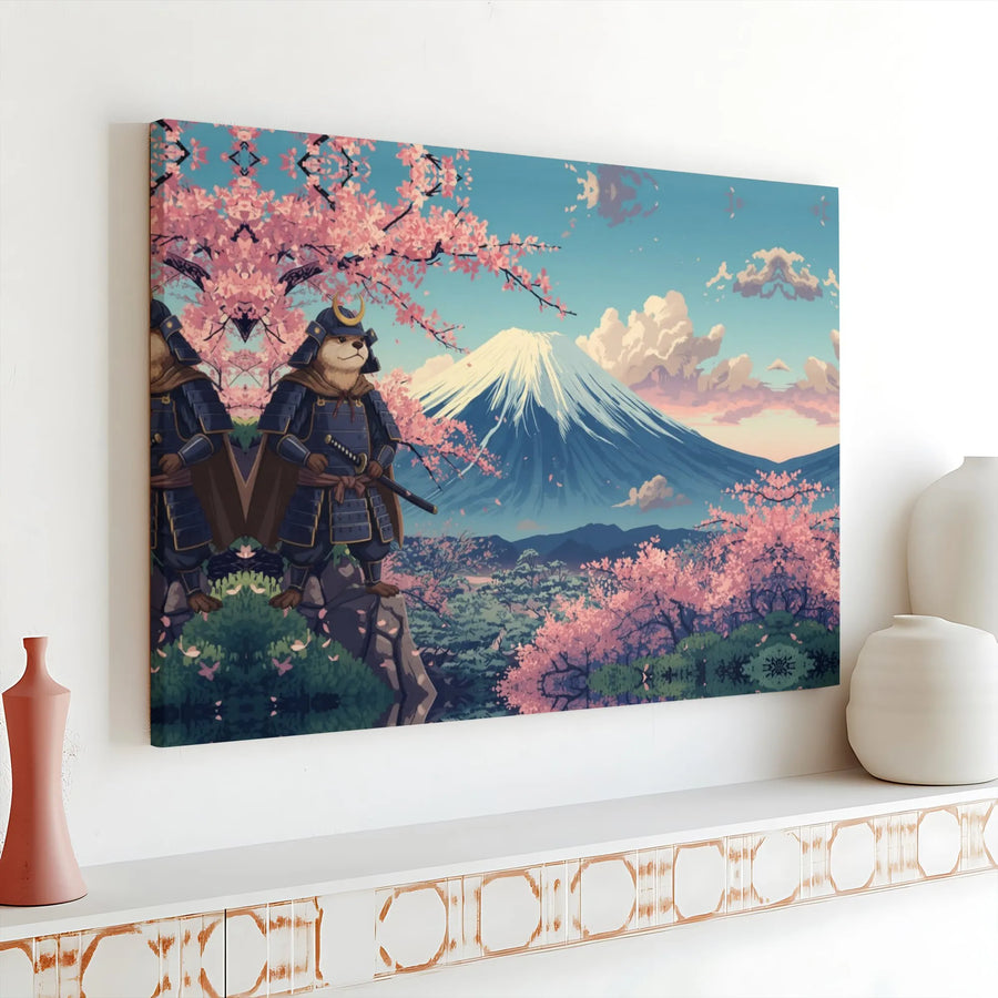 Otter Samurai Canvas Art | Mount Fuji Cherry Blossom Wall Decor | Gallery Wrapped Premium Print | Unique Gift for Animal Lovers & Japan Enthusiasts