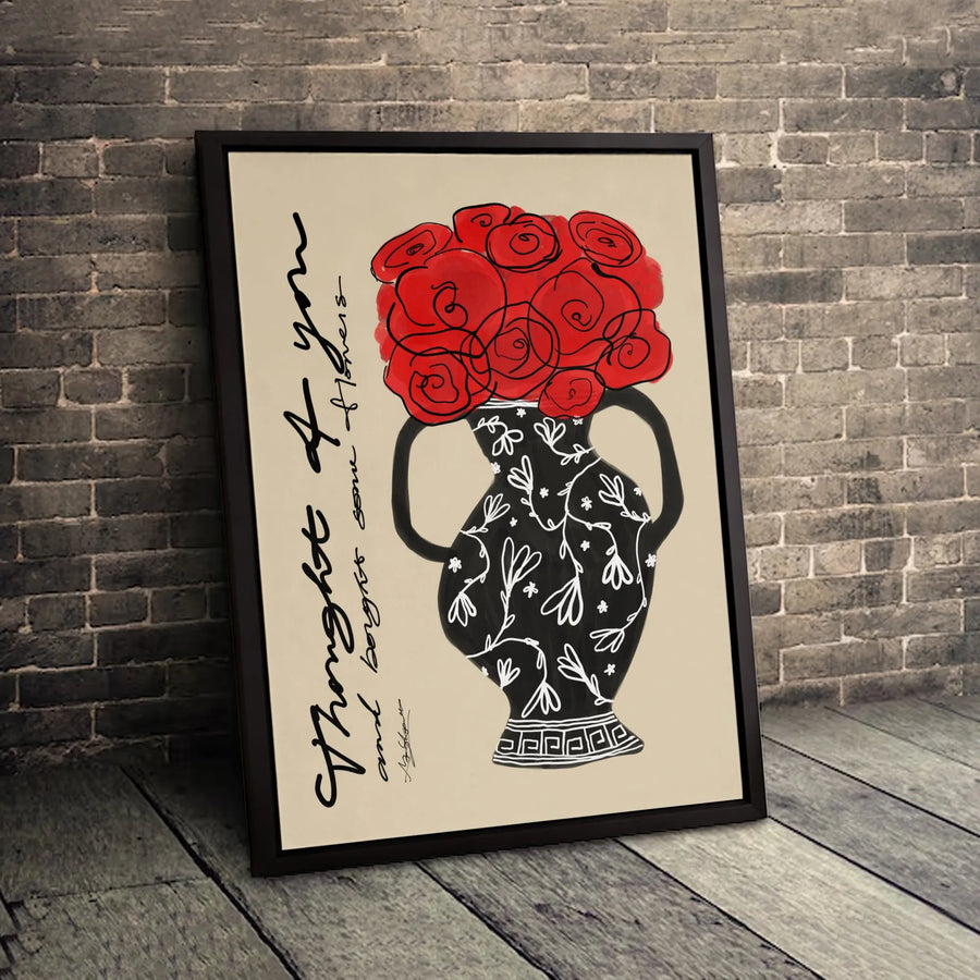 Red Rose Flower Canvas Wall Art | Romantic Greek Vase Illustration | Premium Fade-Resistant Print | Gift for Her Living Room Decor
