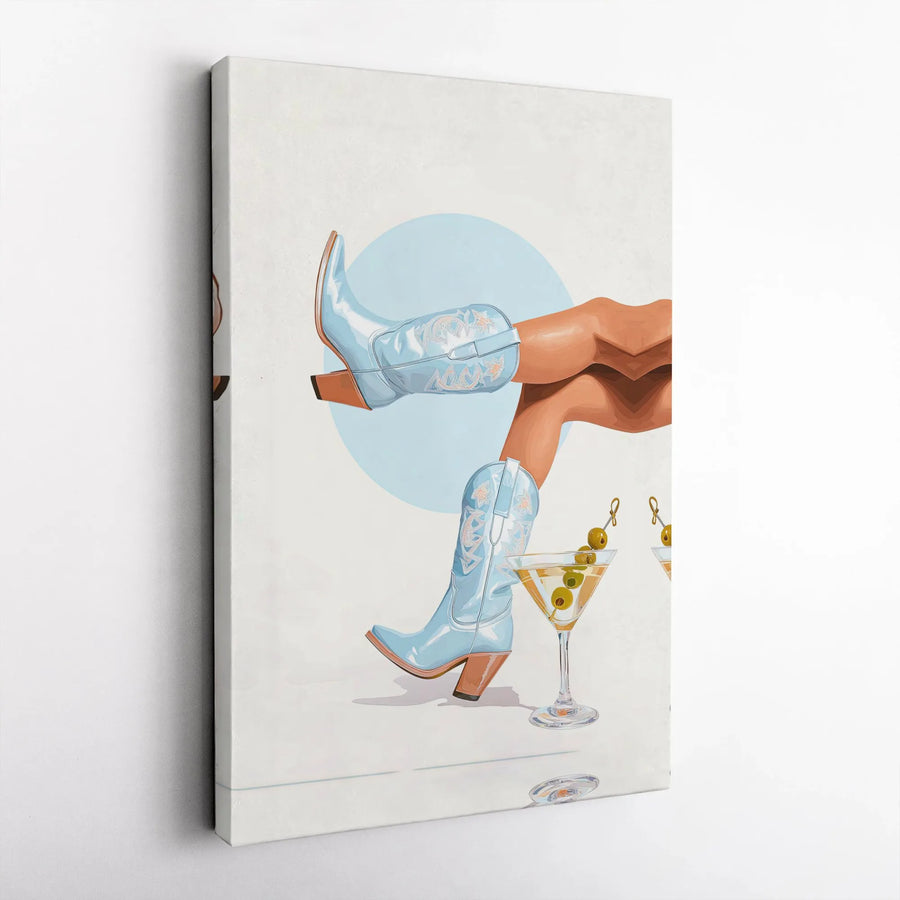 Cowboy Boot Martini Canvas Art | Retro Western Aesthetic Illustration | Premium Fade-Resistant Gallery Wrap | Chic Bar Cart Decor for Women