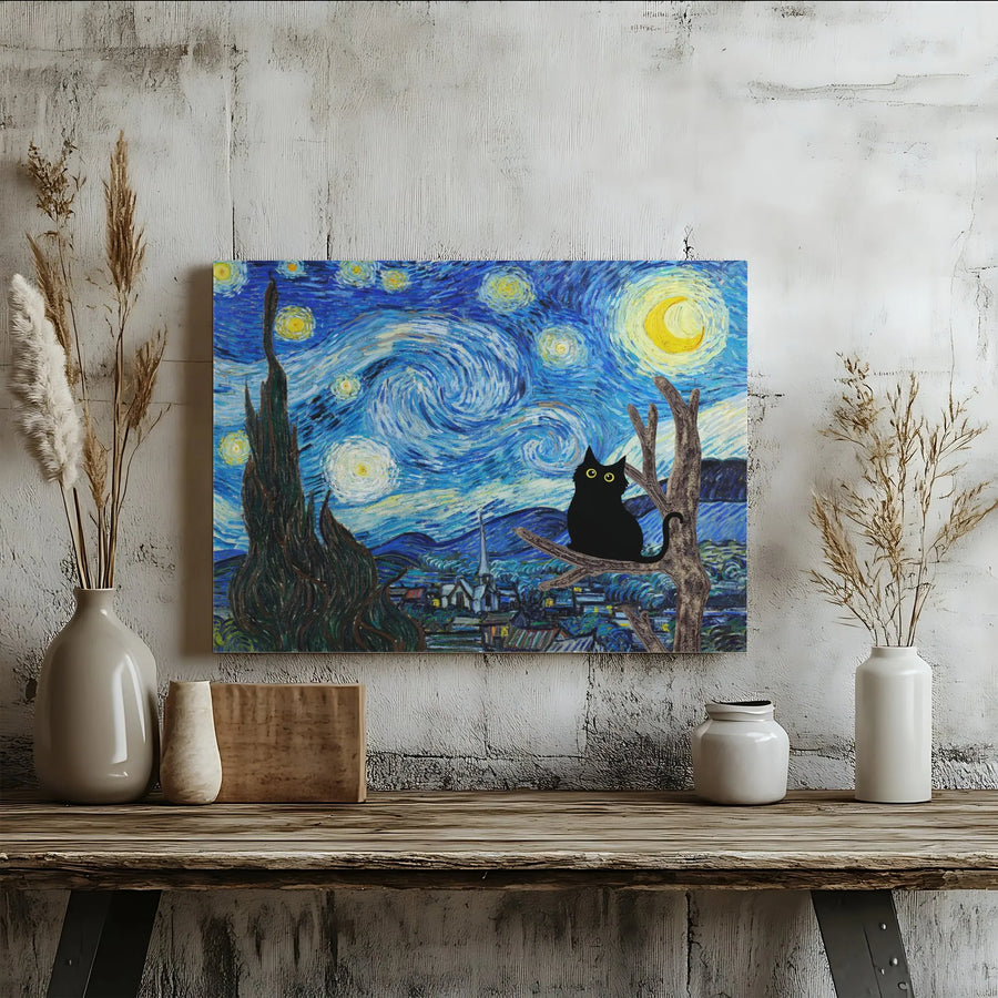 Black Cat Wall Art | Starry Night Impressionist Canvas Print | Premium Gallery Wrap 1.25" Frame | Whimsical Home Decor Gift for Cat Lovers
