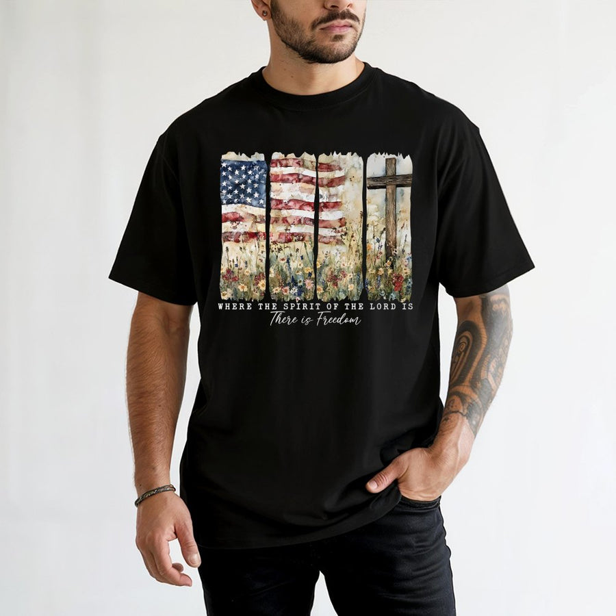 Where The Spirit Of The Lord Is There Is Freedom T-Shirt | American Flag Cross Floral Design | 100% Cotton Premium Tee | Christian Religious Gift