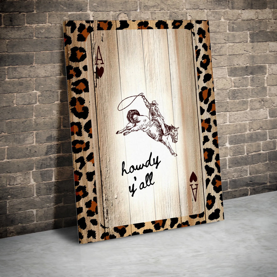 Western Cowboy Ace Of Hearts Canvas Art | Howdy Y'all Leopard Print Wall Decor | Gallery Quality 1.25" Profile | Rustic Country Home Gift