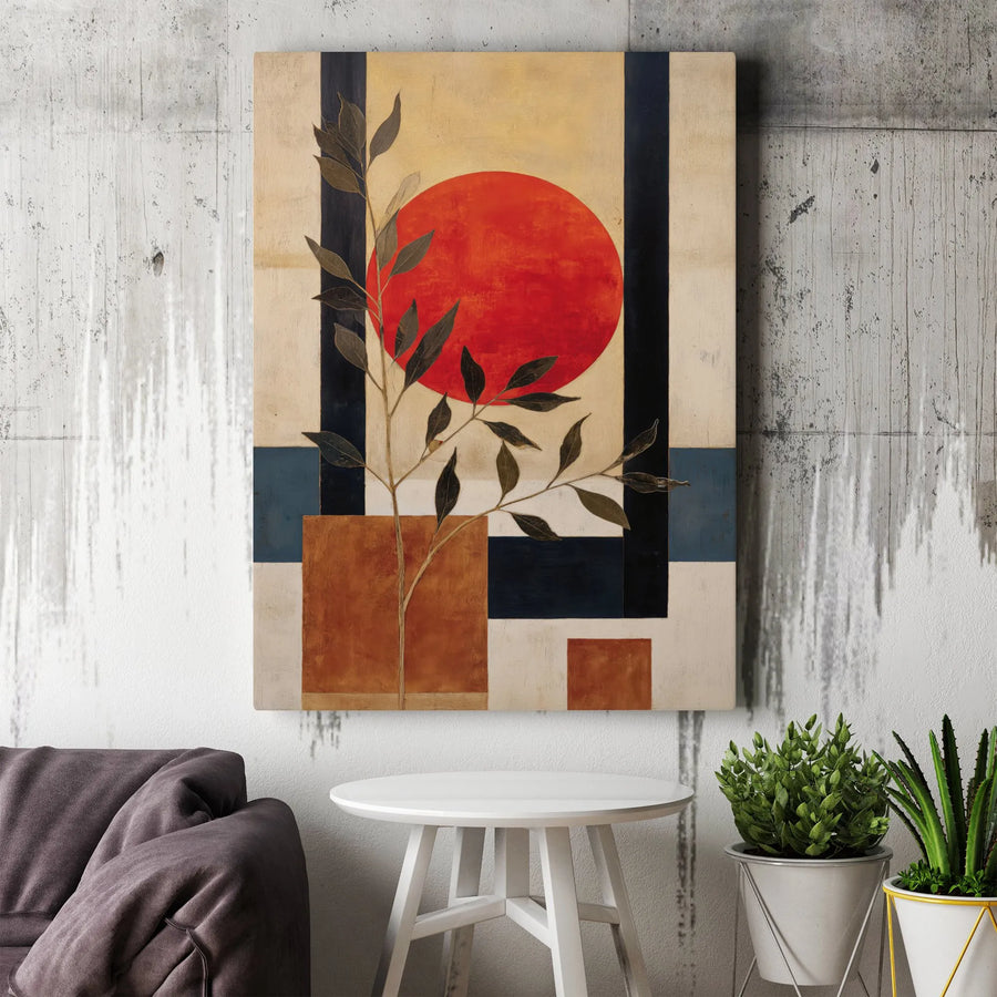 Abstract Geometric Wall Art | Red Sun Botanical Canvas Print | Modern Minimalist Home Decor | Premium Gallery Wrap Gift for Living Room
