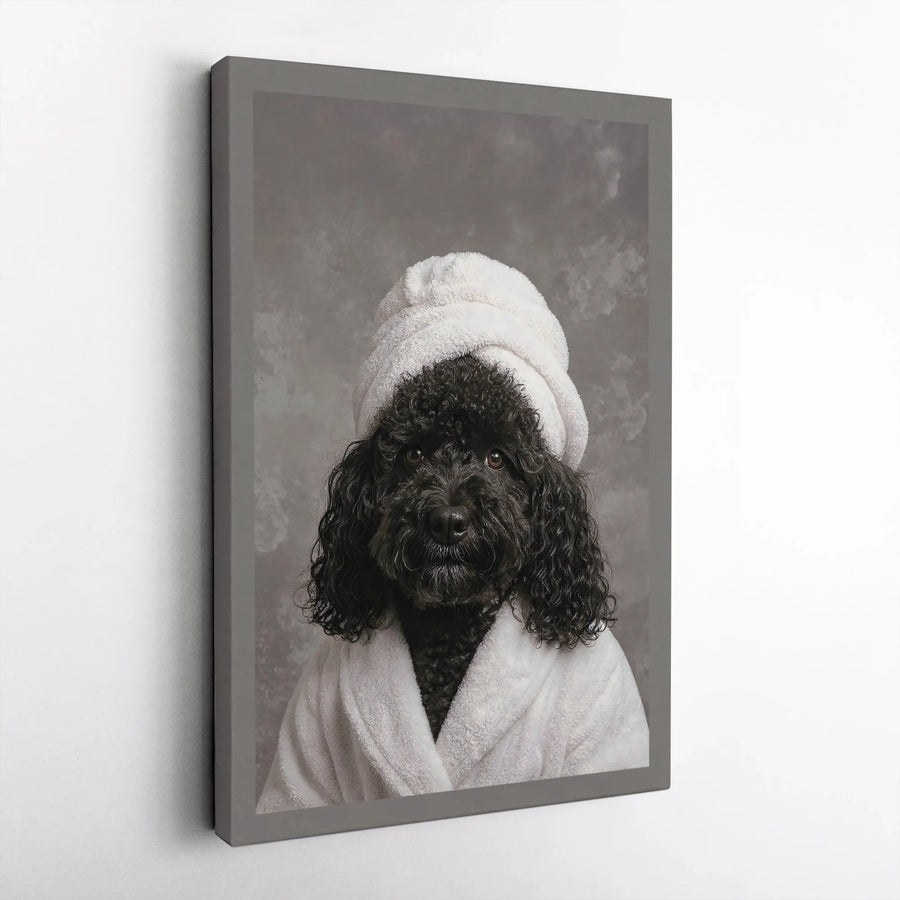 Black Poodle Canvas Print | Dog in Spa Bathrobe and Towel Wrap | Premium Gallery Wrap Wall Art | Funny Pet Bathroom Decor Gift for Dog Lovers