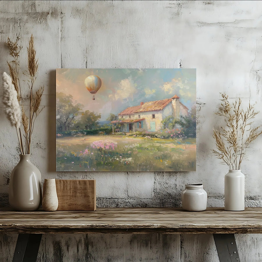 French Countryside Canvas Print | Impressionist Cottage Hot Air Balloon Landscape | Premium Gallery Wrapped Wall Art | Farmhouse Home Decor Gift