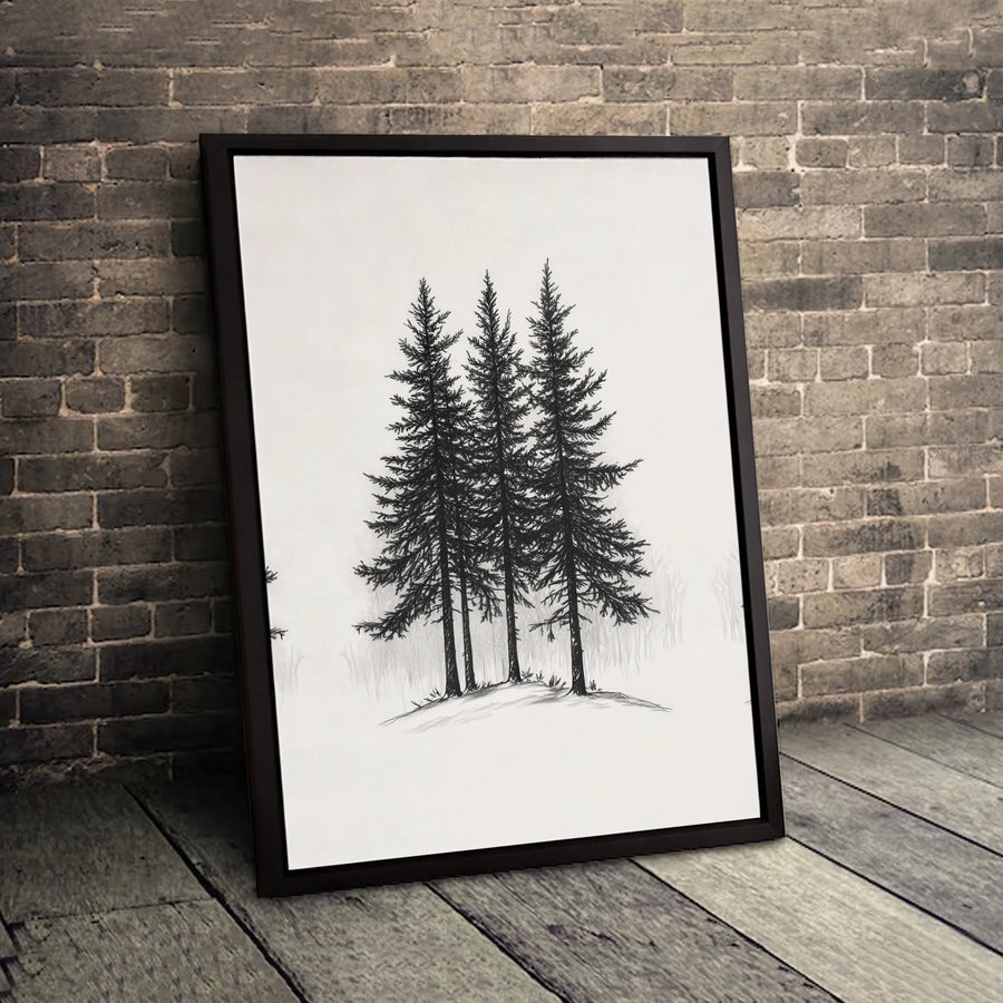 Three Pine Trees Canvas Wall Art | Minimalist Black and White Sketch | Premium Gallery Wrapped Decor | Nature Lover Living Room Gift