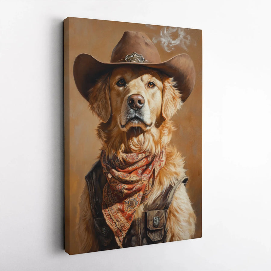 Cowboy Golden Retriever Canvas Wall Art | Funny Western Dog Portrait | Premium High-Resolution Print | Unique Decor Gift for Dog Lovers