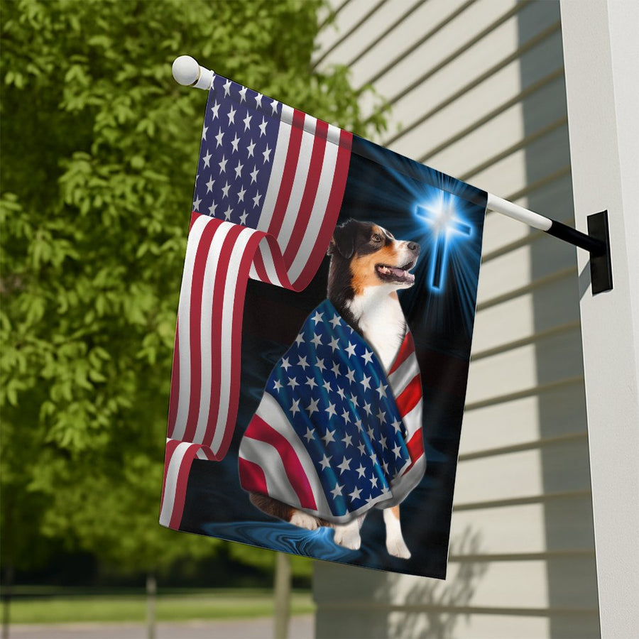 Australian Shepherd Garden Flag | Patriotic USA Flag & Cross Design | Weather-Resistant Polyester | Gift for Dog Lovers & Christian Home Decor