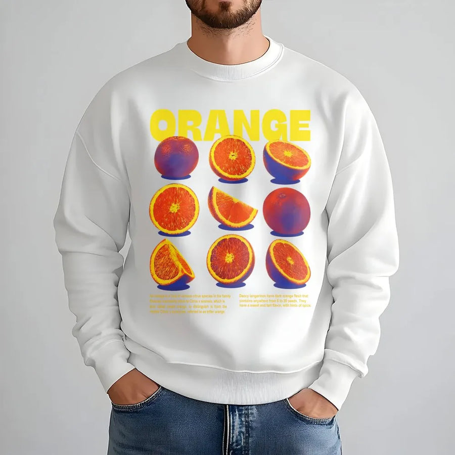 Orange Fruit Graphic Sweatshirt | Retro Botanical Citrus Print | Premium Cotton Blend Crewneck | Aesthetic Fruit Lover Gift for Men and Women