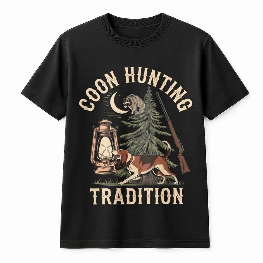 Coon Hunting T-Shirt | Vintage Hound Dog and Lantern Graphic | Premium Cotton Outdoor Apparel | Southern Country Lifestyle Gift for Hunter