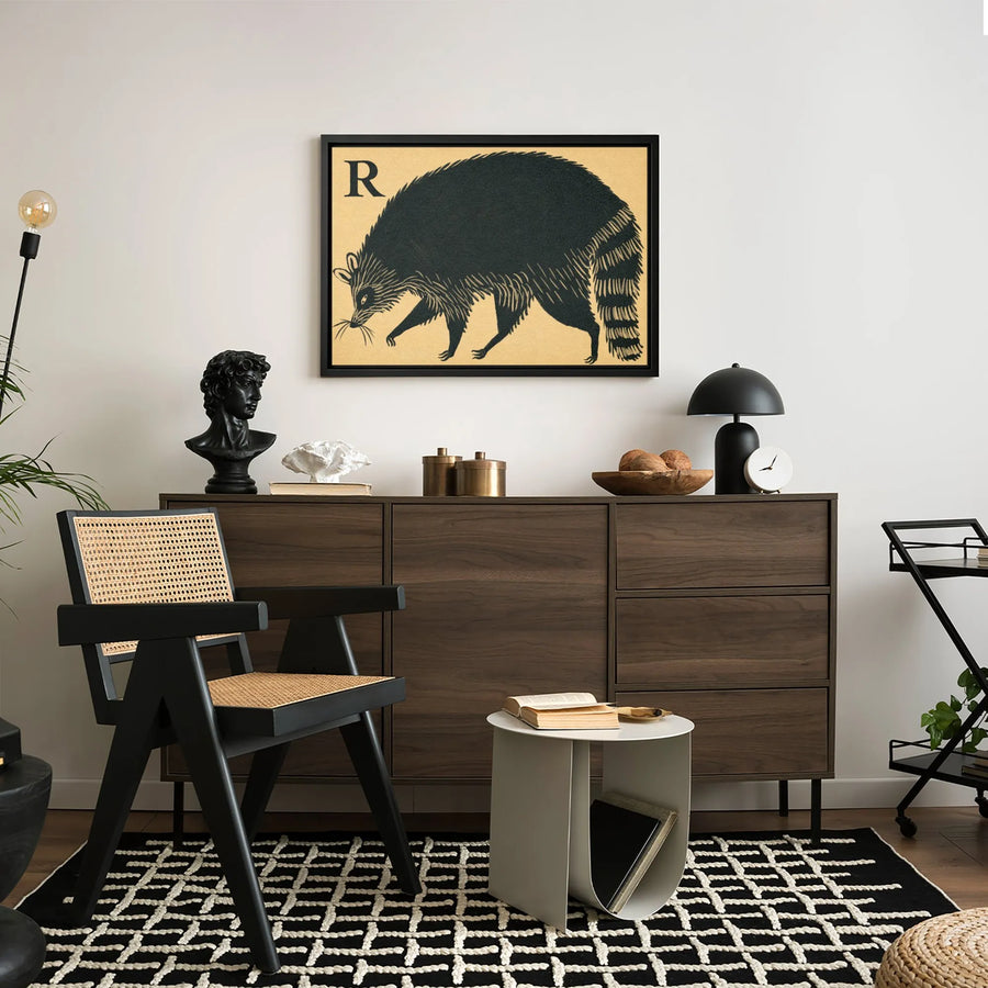 Raccoon Wall Art Canvas | Vintage Linocut Alphabet Animal Print | Premium 1.25" Gallery Wrap | Nursery Decor & Wildlife Gift