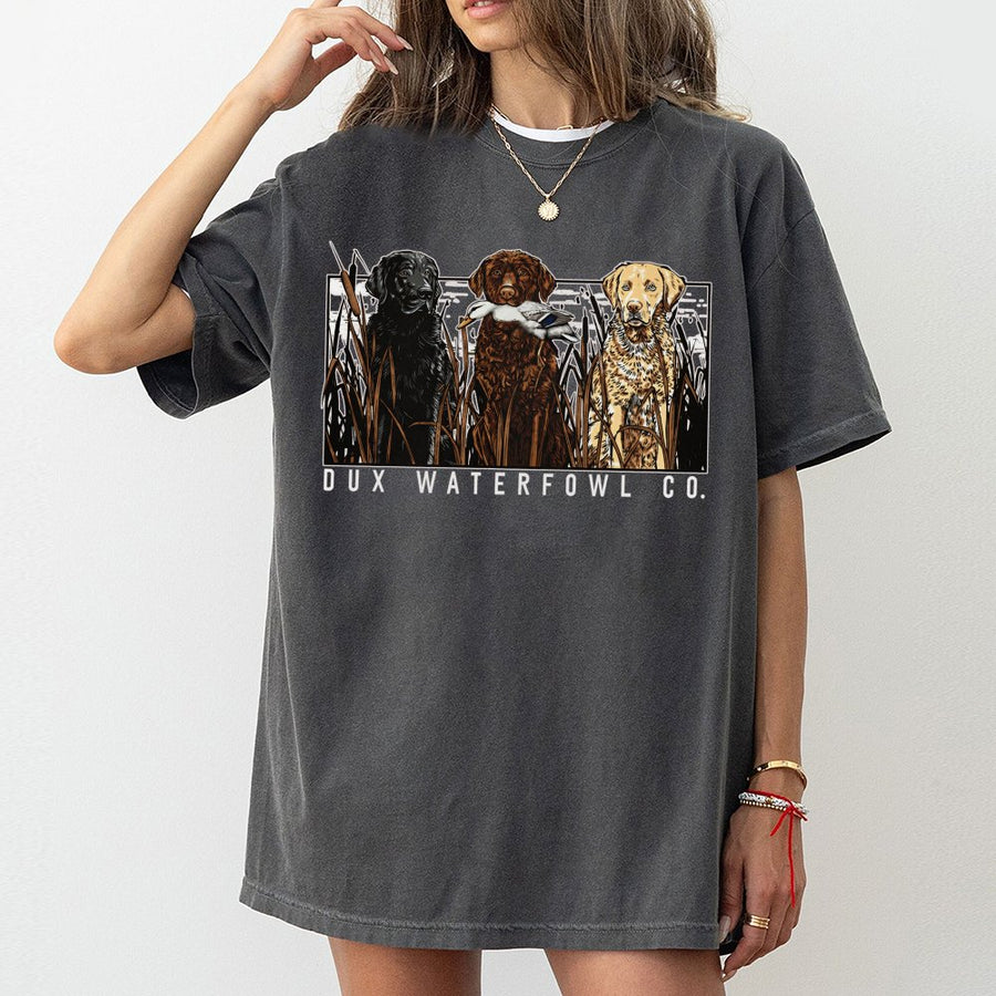 Dux Waterfowl Hunting Dog T-Shirt | Retriever Trio Graphic | 100% Cotton Premium Tee | Outdoor Gift for Duck Hunters and Dog Lovers