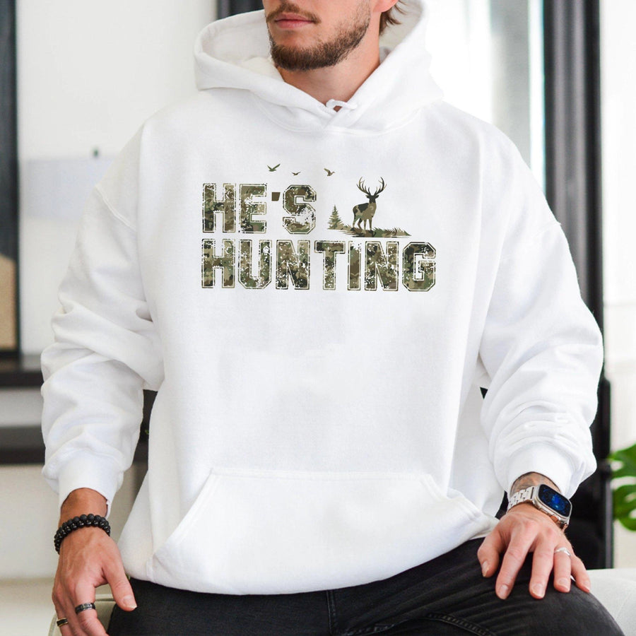 He's Hunting Hoodie | Camo Deer Graphic Print | Soft Cotton-Polyester Blend | Funny Hunting Season Gift For Outdoorsmen & Wives