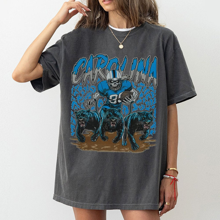 Carolina Panther Football Skull Vintage T-Shirt Game Day Graphic T-Shirt Unisex Soft Fabric Classic Menswear Ribbed