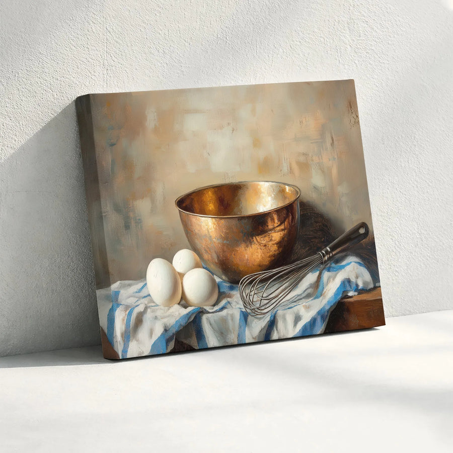 Rustic Kitchen Still Life Canvas Art | Vintage Baking Scene with Copper Bowl | Premium Gallery Quality Canvas | Kitchen & Dining Room Wall Decor Gift