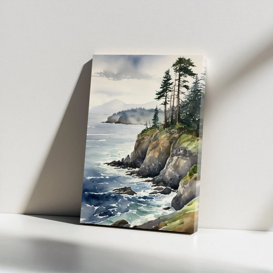 Coastal Cliff Vertical Canvas | Watercolor Seascape Painting Print | Premium Gallery Wrapped Canvas | Modern Coastal Home Decor Gift