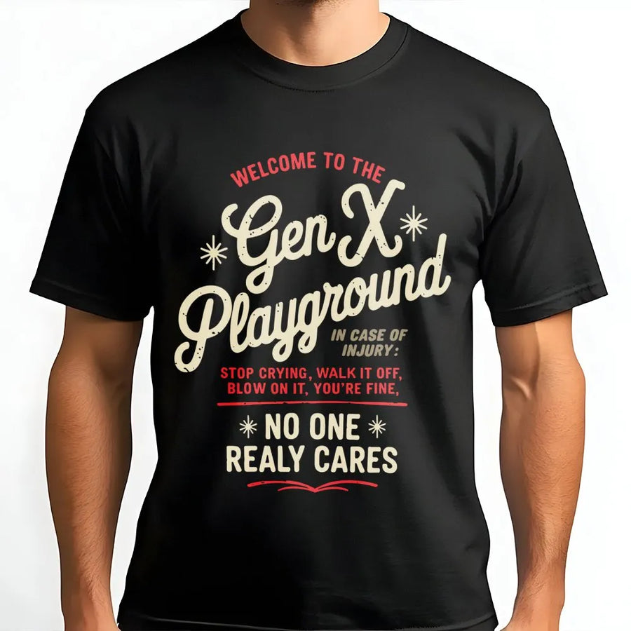 Gen X Playground T-Shirt | Funny 80s Childhood Nostalgia Quote | Soft Cotton Unisex Tee | Retro Generation X Birthday Gift for Men and Women
