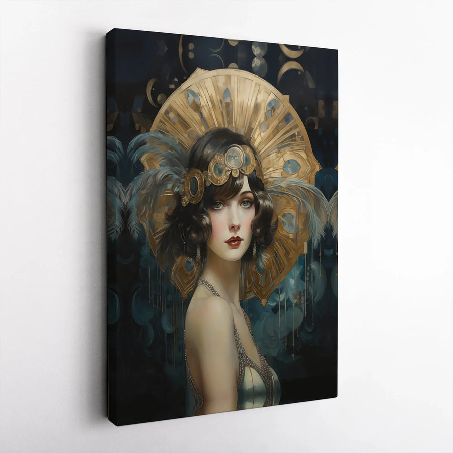Art Deco Woman Canvas Print | Elegant Flapper Portrait with Gold Headdress | Premium Gallery Canvas | Modern Home Decor Gift